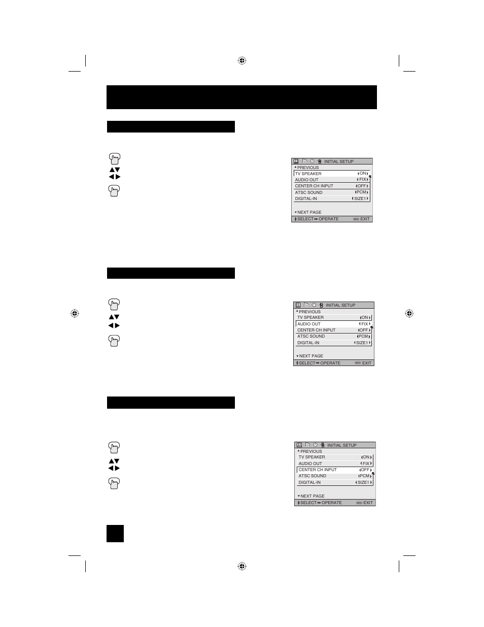 Tv speaker, Audio out, Center ch input | Initial setup, Audio out center ch input | JVC AV 56WP94 User Manual | Page 50 / 88