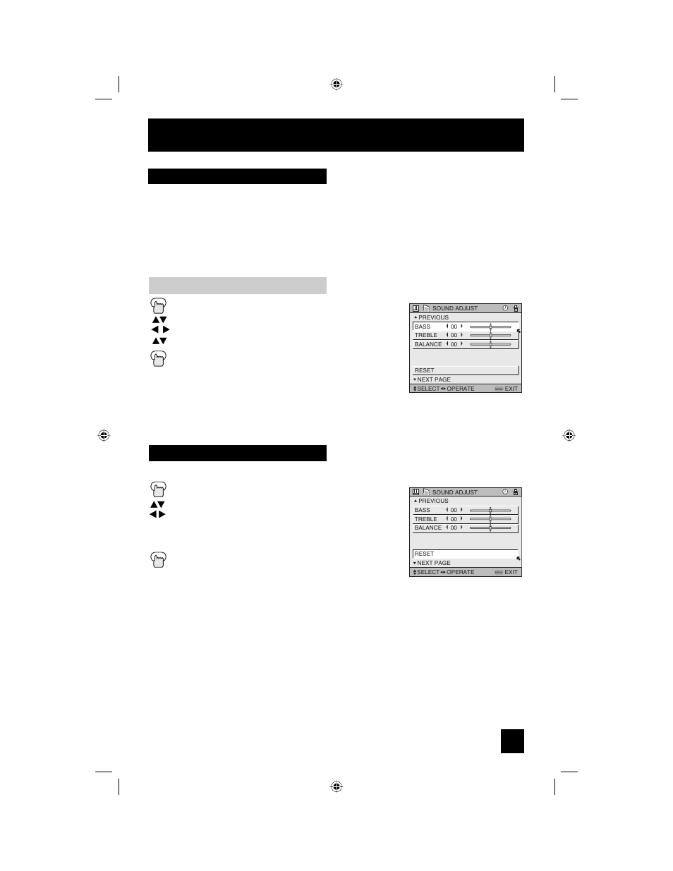 Sound settings, Reset, Sound adjust | Sound settings adjust the sound settings | JVC AV 56WP94 User Manual | Page 55 / 88