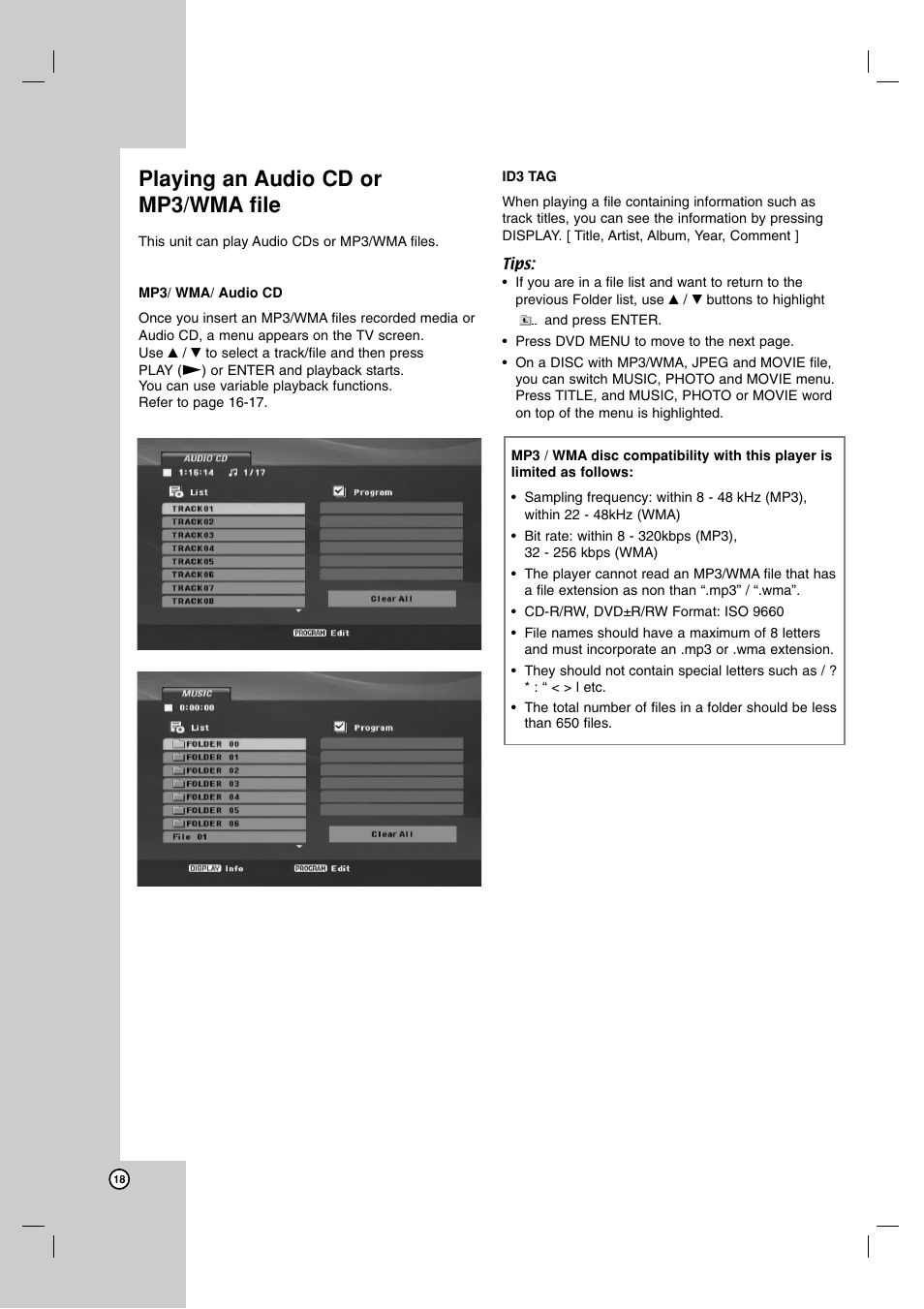 Playing an audio cd or mp3/wma file | JVC LVT2008-001B User Manual | Page 18 / 28