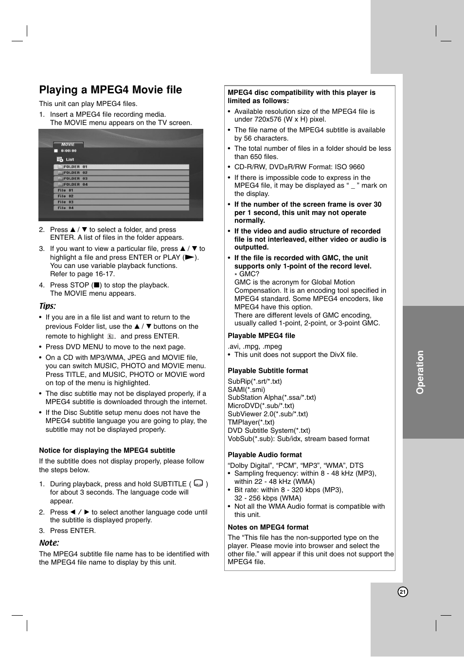Playing a mpeg4 movie file, Operation | JVC LVT2008-001B User Manual | Page 21 / 28