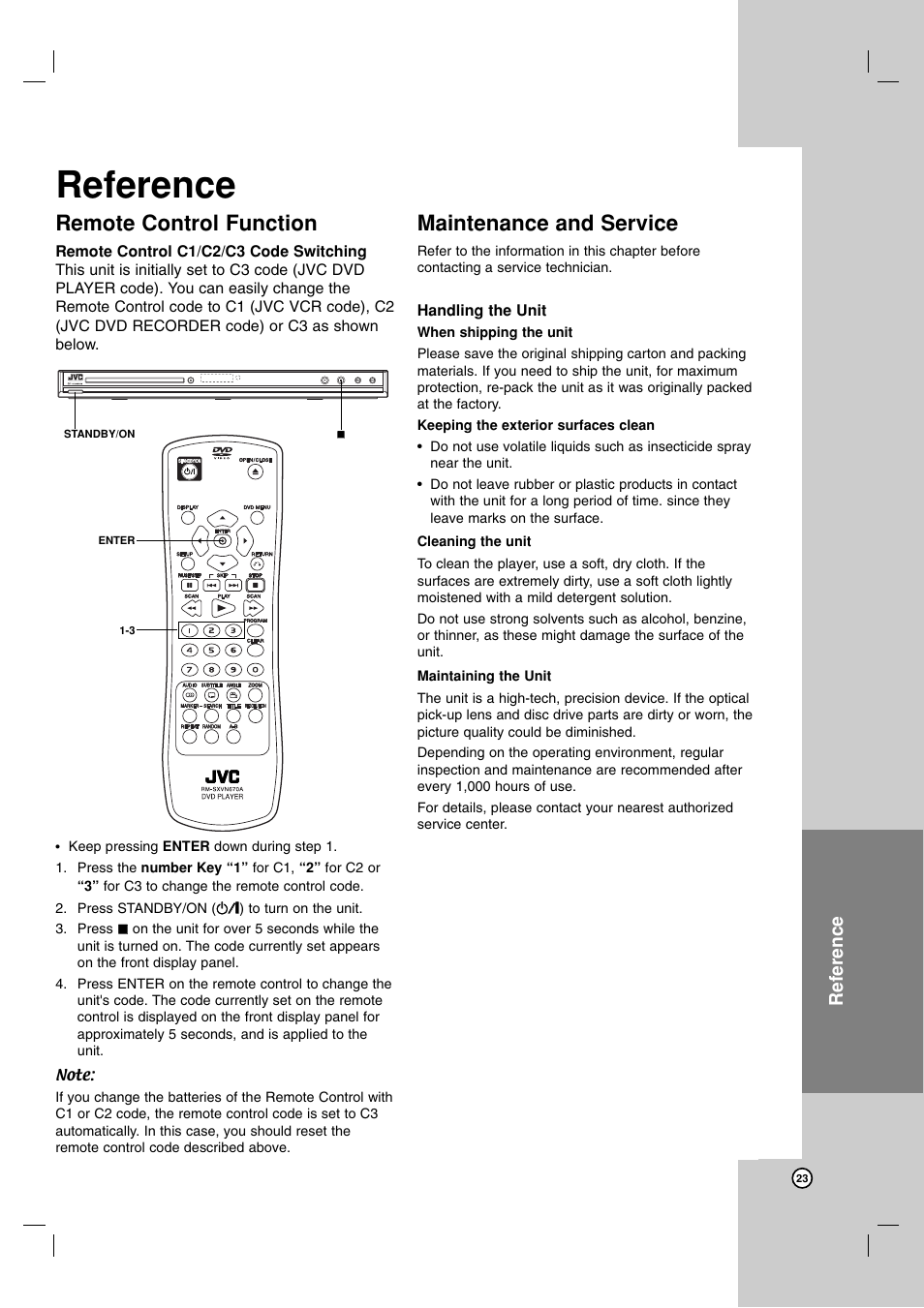 Reference, Remote control function, Maintenance and service | JVC LVT2008-001B User Manual | Page 23 / 28