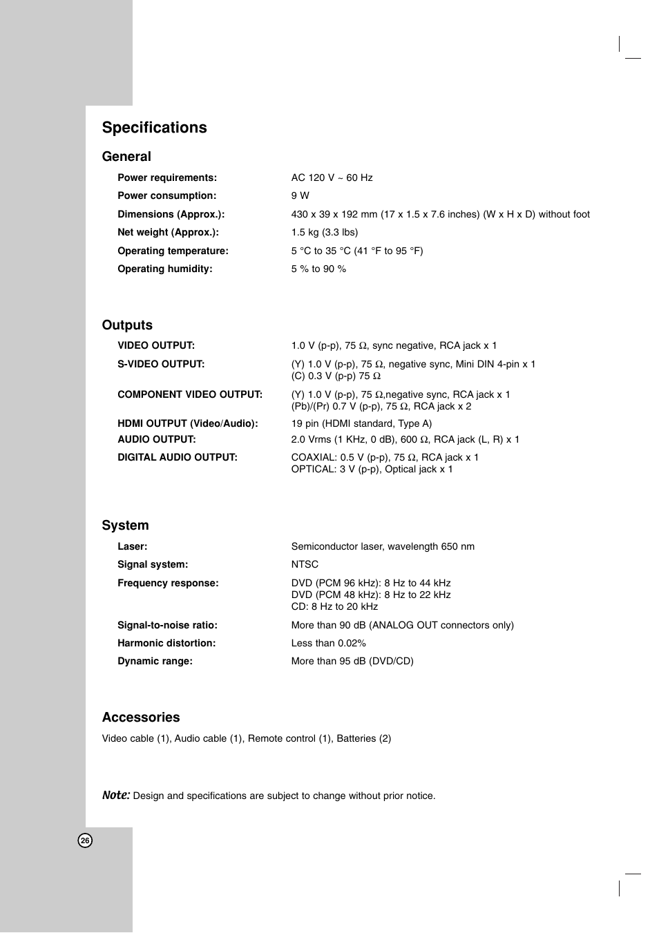 Specifications, General, Outputs | System, Accessories | JVC LVT2008-001B User Manual | Page 26 / 28