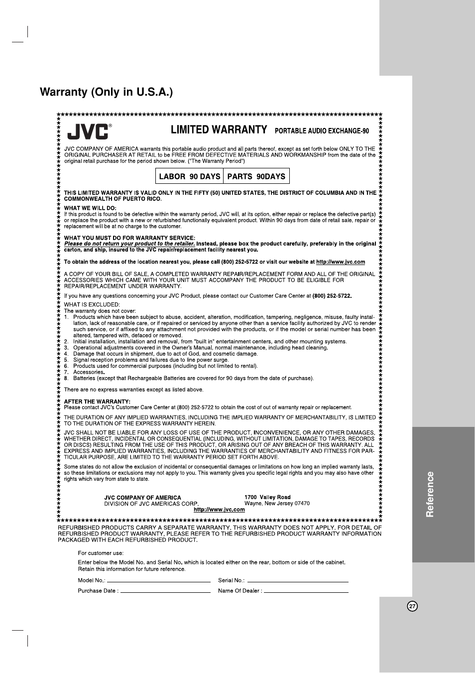 Warranty, Warranty (only in u.s.a.) | JVC LVT2008-001B User Manual | Page 27 / 28