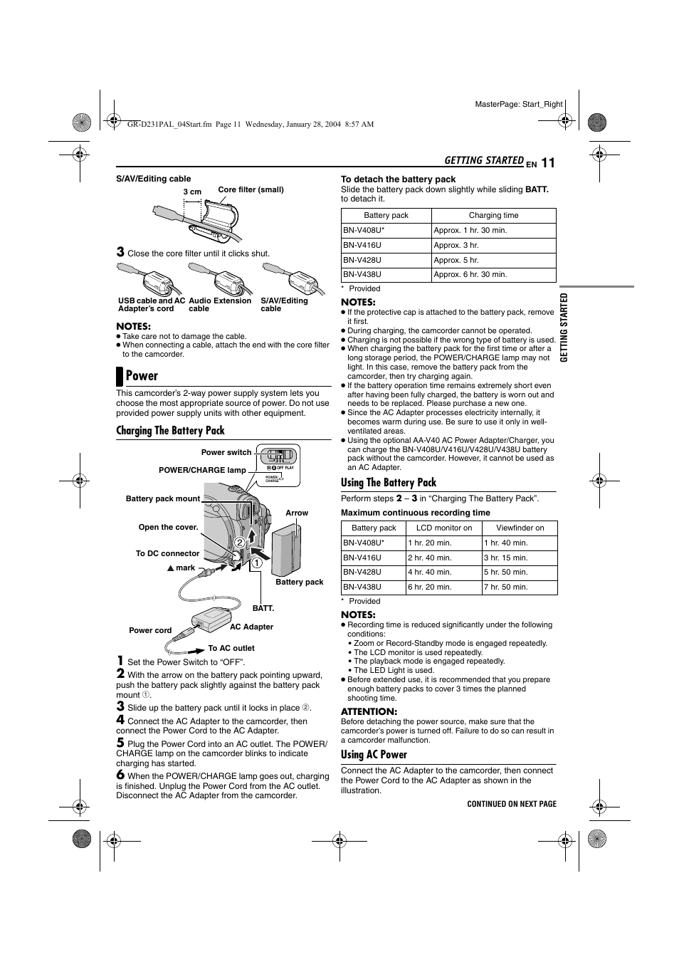 Power, Charging the battery pack, Using the battery pack | Using ac power, Pg. 11), Pg. 11, 1 | JVC GR-D220  EN User Manual | Page 11 / 52