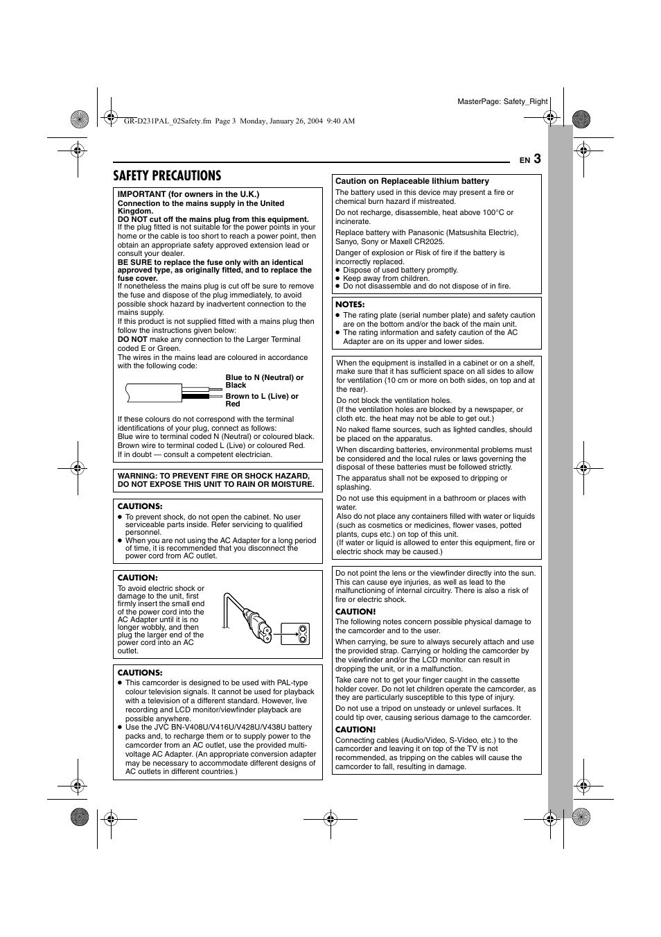 Safety precautions | JVC GR-D220  EN User Manual | Page 3 / 52