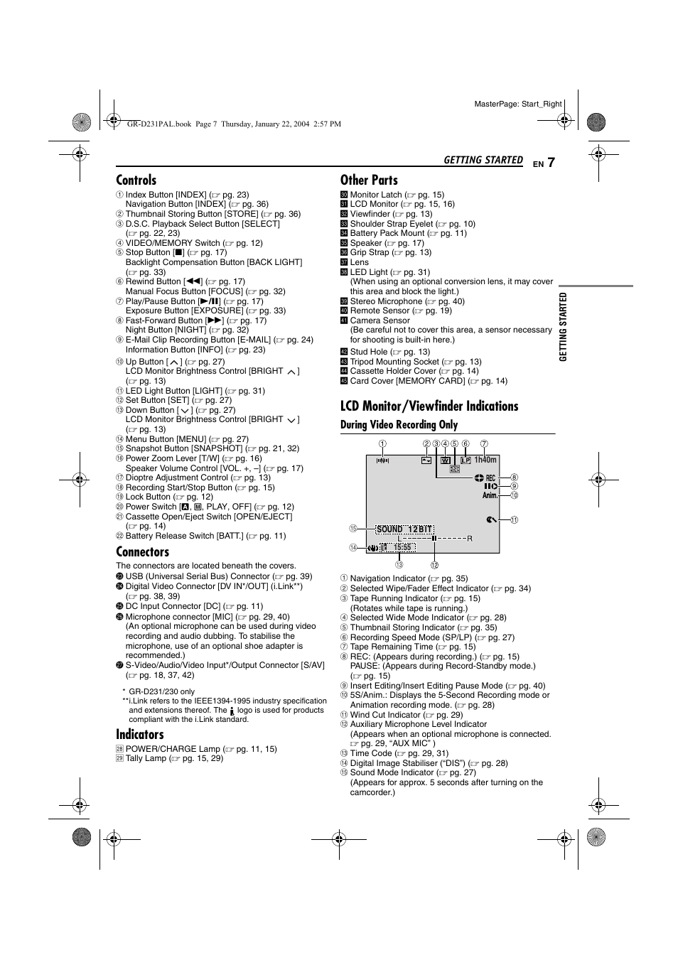 Controls, Connectors, Indicators | Other parts, Lcd monitor/viewfinder indications, During video recording only | JVC GR-D220  EN User Manual | Page 7 / 52