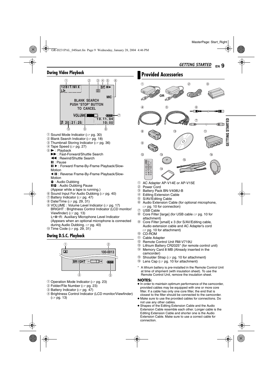 During video playback, During d.s.c. playback, Provided accessories | JVC GR-D220  EN User Manual | Page 9 / 52