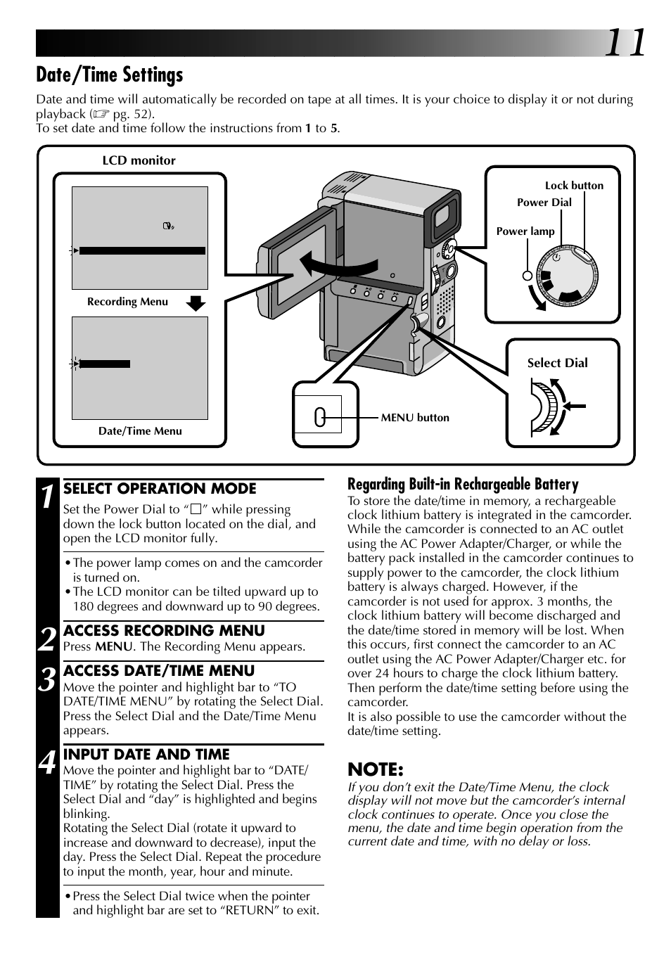Date/time settings, Regarding built-in rechargeable battery | JVC 0797TOV*UN*SN User Manual | Page 11 / 84