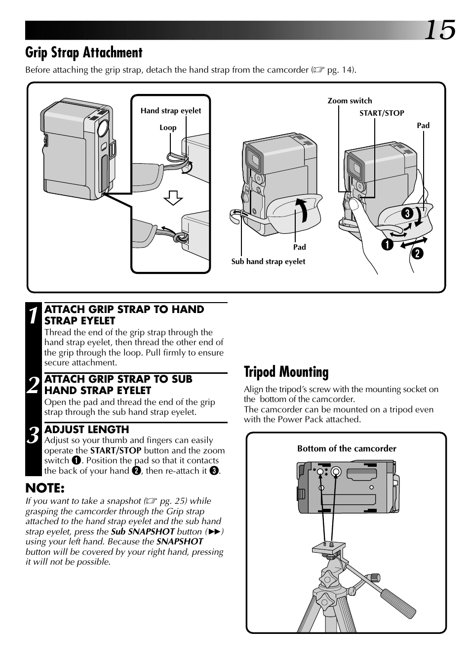 Grip strap attachment, Tripod mounting | JVC 0797TOV*UN*SN User Manual | Page 15 / 84