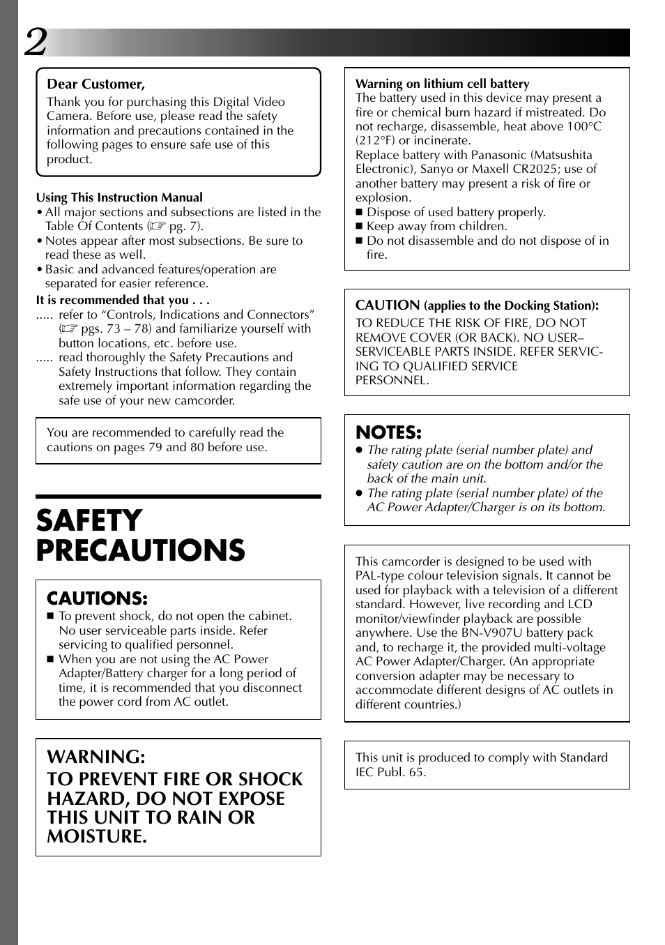 Safety precautions, Cautions | JVC 0797TOV*UN*SN User Manual | Page 2 / 84