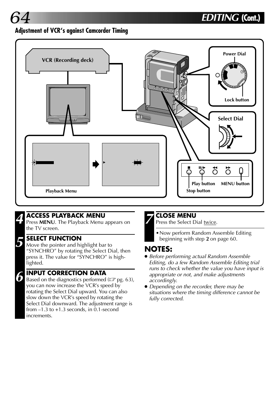 Editing, Cont.), Adjustment of vcr‘s against camcorder timing | JVC 0797TOV*UN*SN User Manual | Page 64 / 84