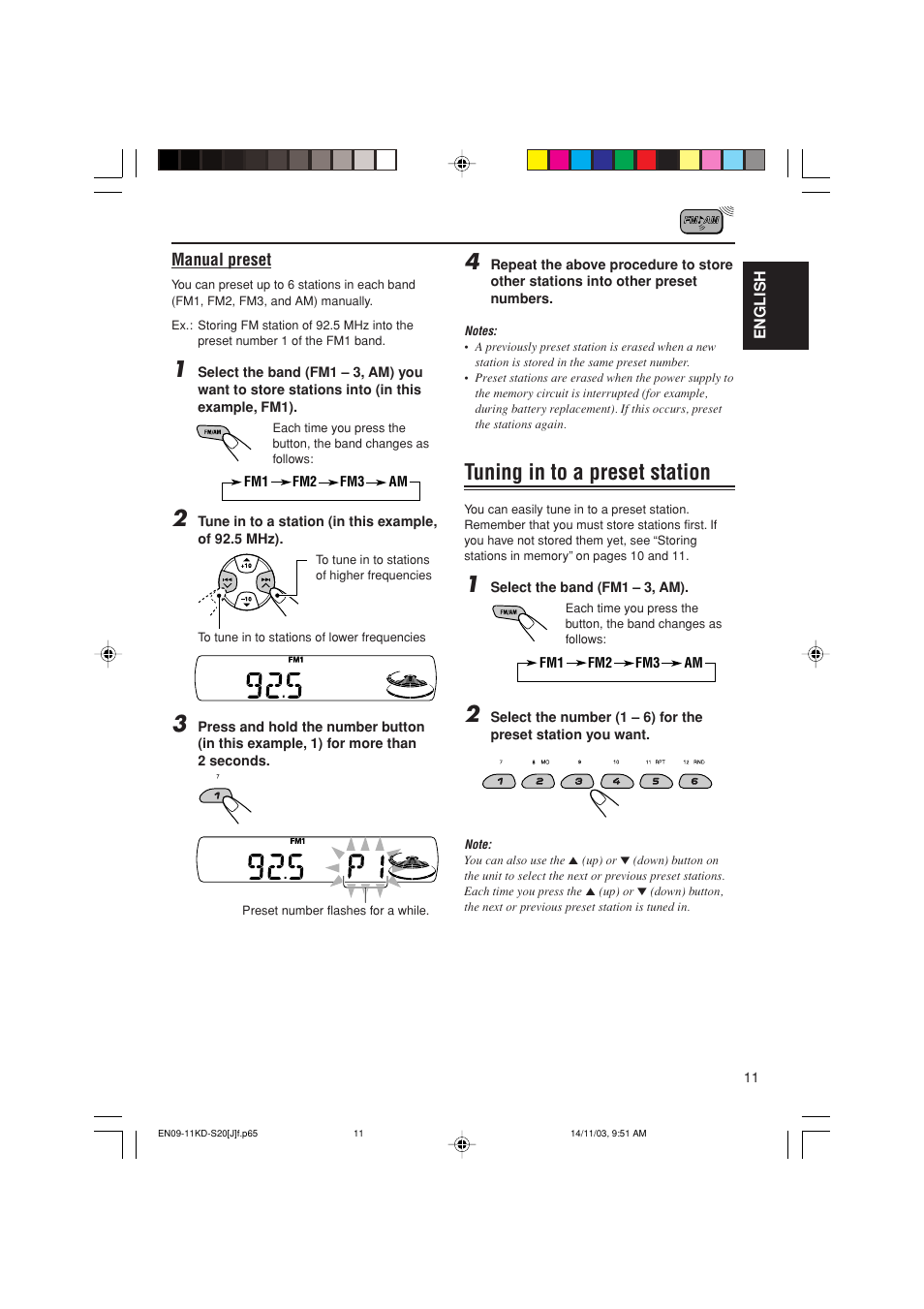 Tuning in to a preset station | JVC KD-S20 User Manual | Page 11 / 62