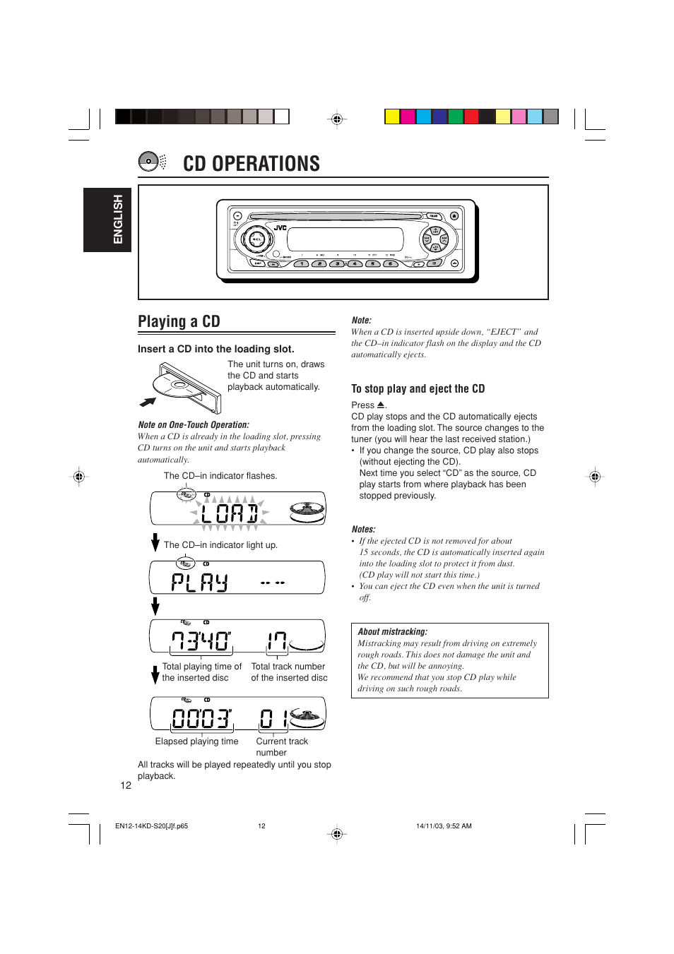 Cd operations, Playing a cd | JVC KD-S20 User Manual | Page 12 / 62