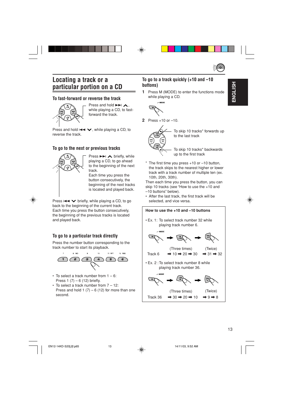 Locating a track or a particular portion on a cd, English | JVC KD-S20 User Manual | Page 13 / 62