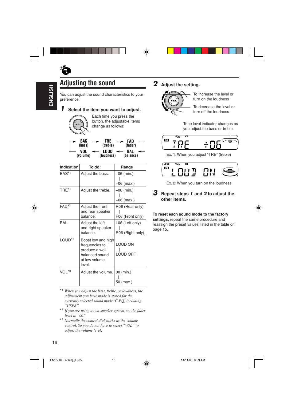 Adjusting the sound | JVC KD-S20 User Manual | Page 16 / 62