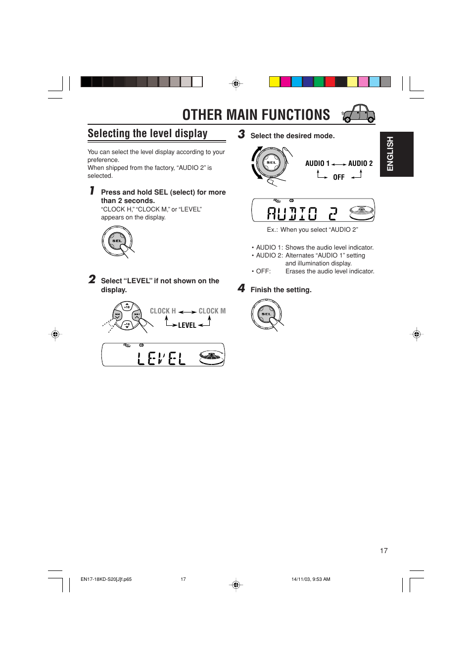 Other main functions, Selecting the level display | JVC KD-S20 User Manual | Page 17 / 62