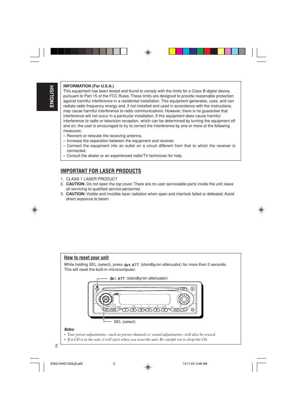 Important for laser products, English, How to reset your unit | JVC KD-S20 User Manual | Page 2 / 62