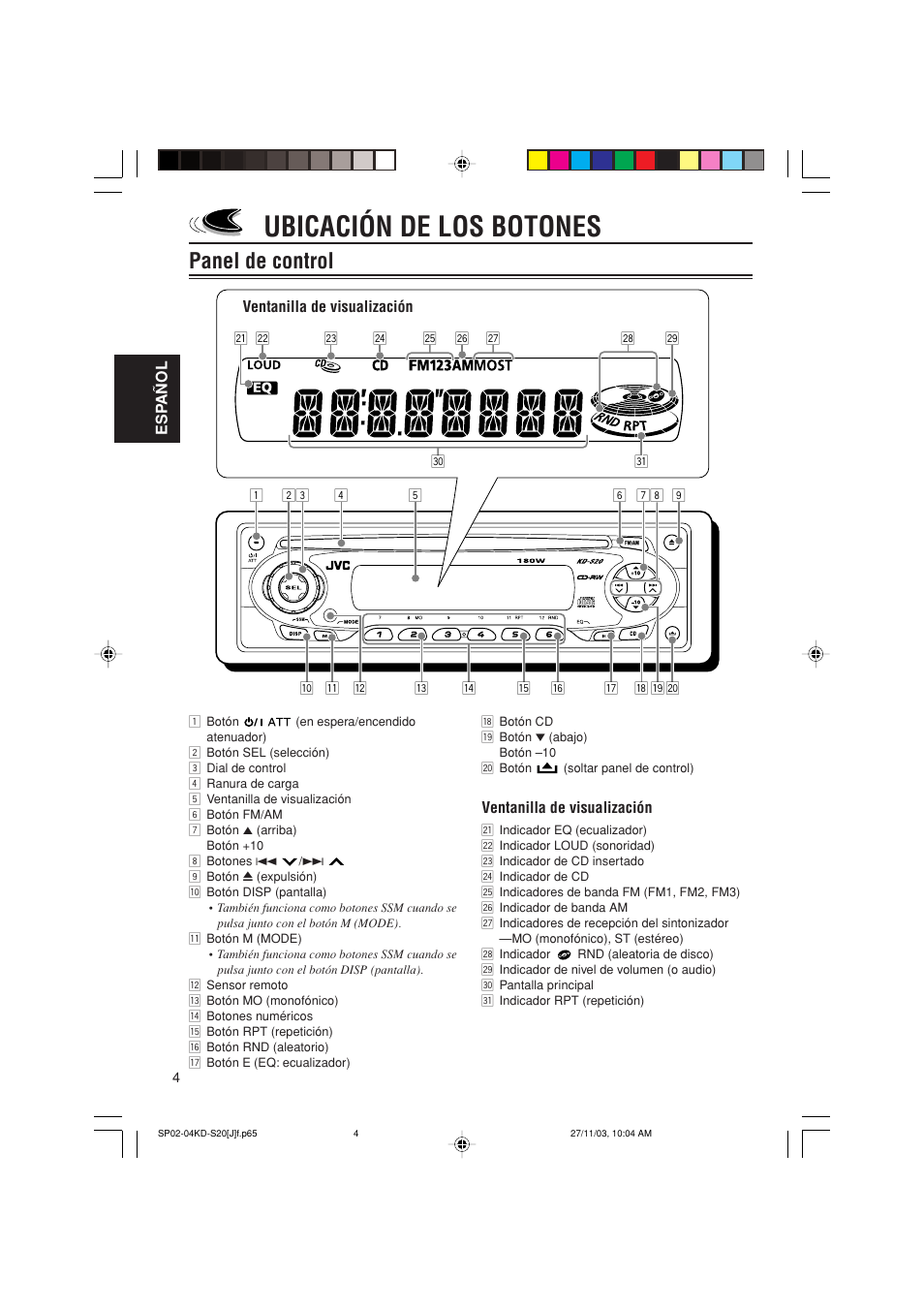 Ubicación de los botones, Panel de control | JVC KD-S20 User Manual | Page 24 / 62