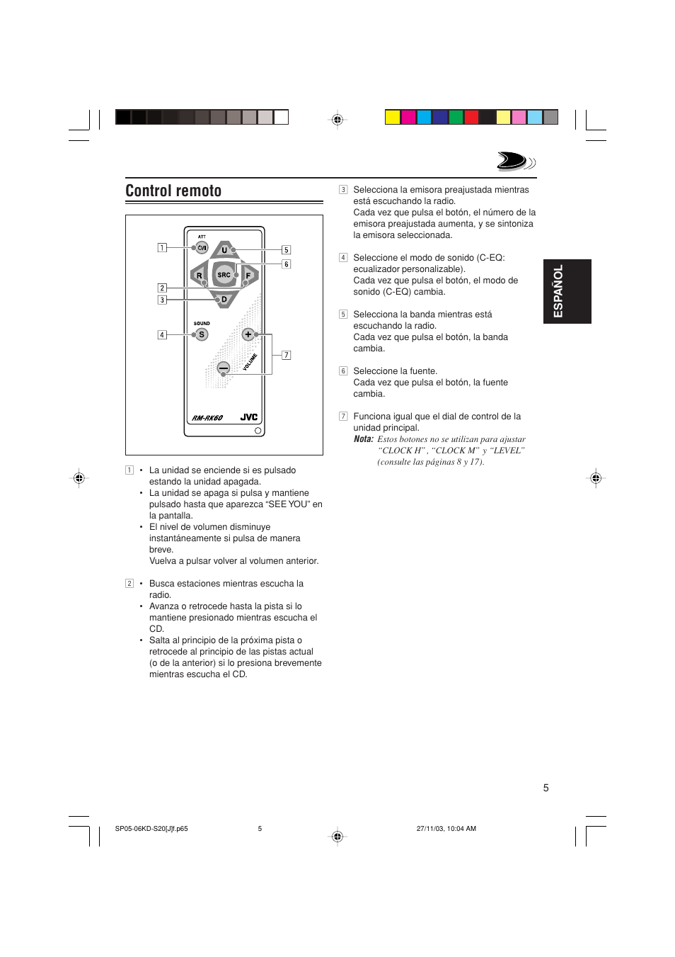 Control remoto, Esp añol | JVC KD-S20 User Manual | Page 25 / 62