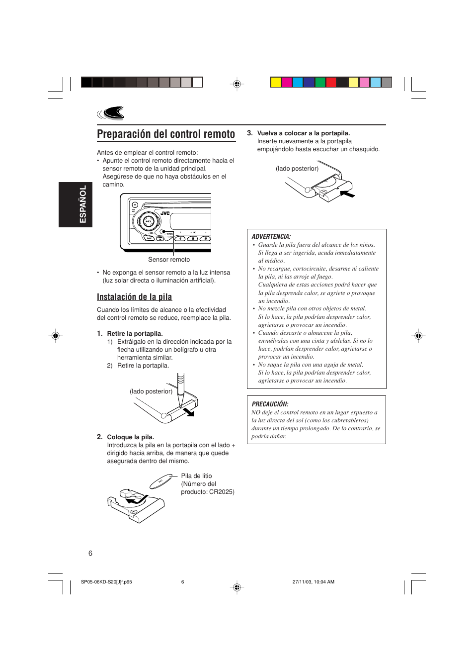 Preparación del control remoto, Instalación de la pila | JVC KD-S20 User Manual | Page 26 / 62