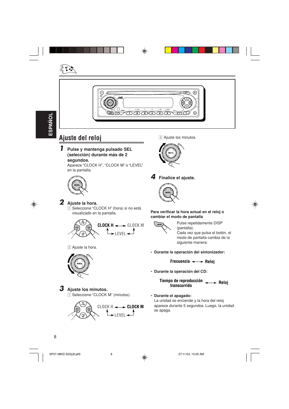 Ajuste del reloj 1 | JVC KD-S20 User Manual | Page 28 / 62