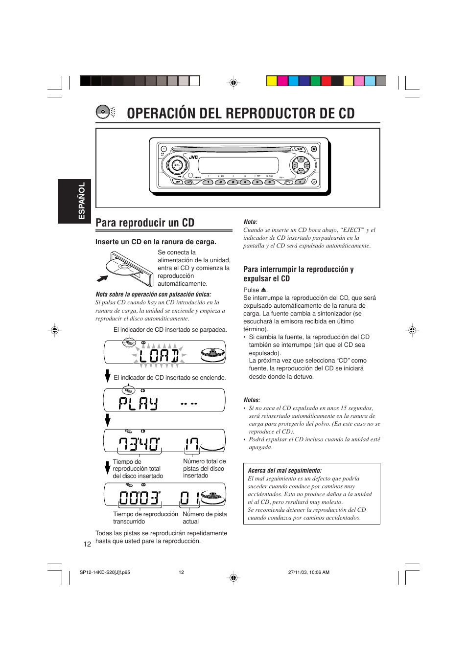 Operación del reproductor de cd, Para reproducir un cd | JVC KD-S20 User Manual | Page 32 / 62