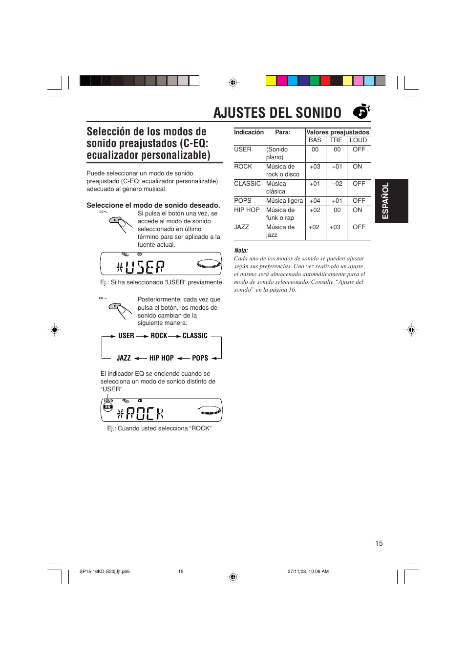 Ajustes del sonido | JVC KD-S20 User Manual | Page 35 / 62