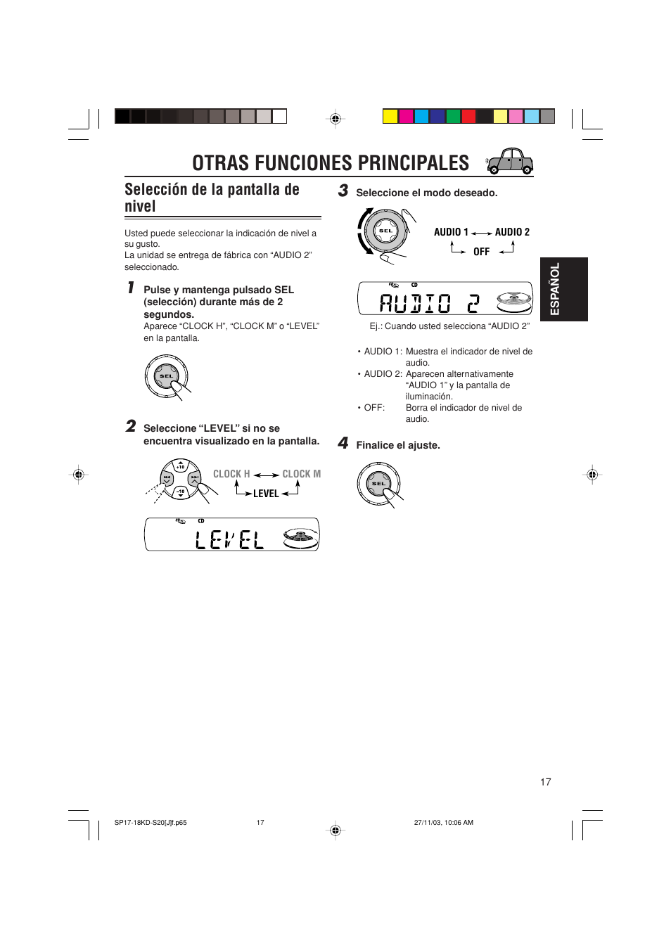 Otras funciones principales, Selección de la pantalla de nivel | JVC KD-S20 User Manual | Page 37 / 62