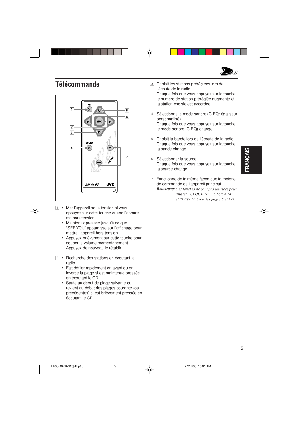 Télécommande, Français | JVC KD-S20 User Manual | Page 45 / 62