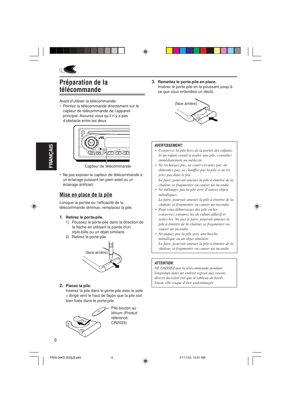 Préparation de la télécommande, Mise en place de la pile | JVC KD-S20 User Manual | Page 46 / 62