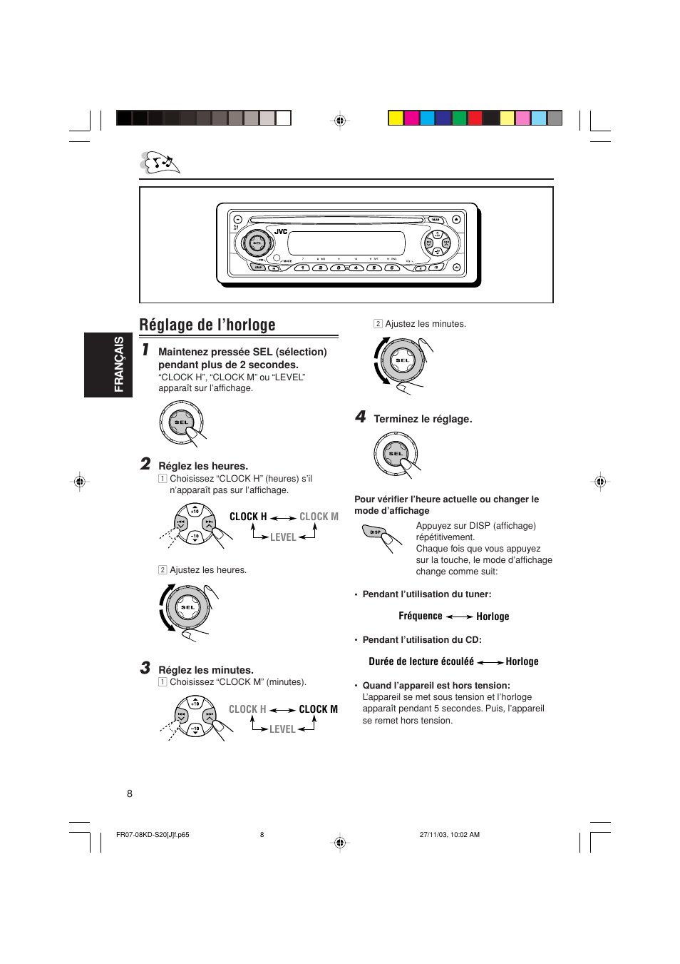 Réglage de l’horloge 1 | JVC KD-S20 User Manual | Page 48 / 62