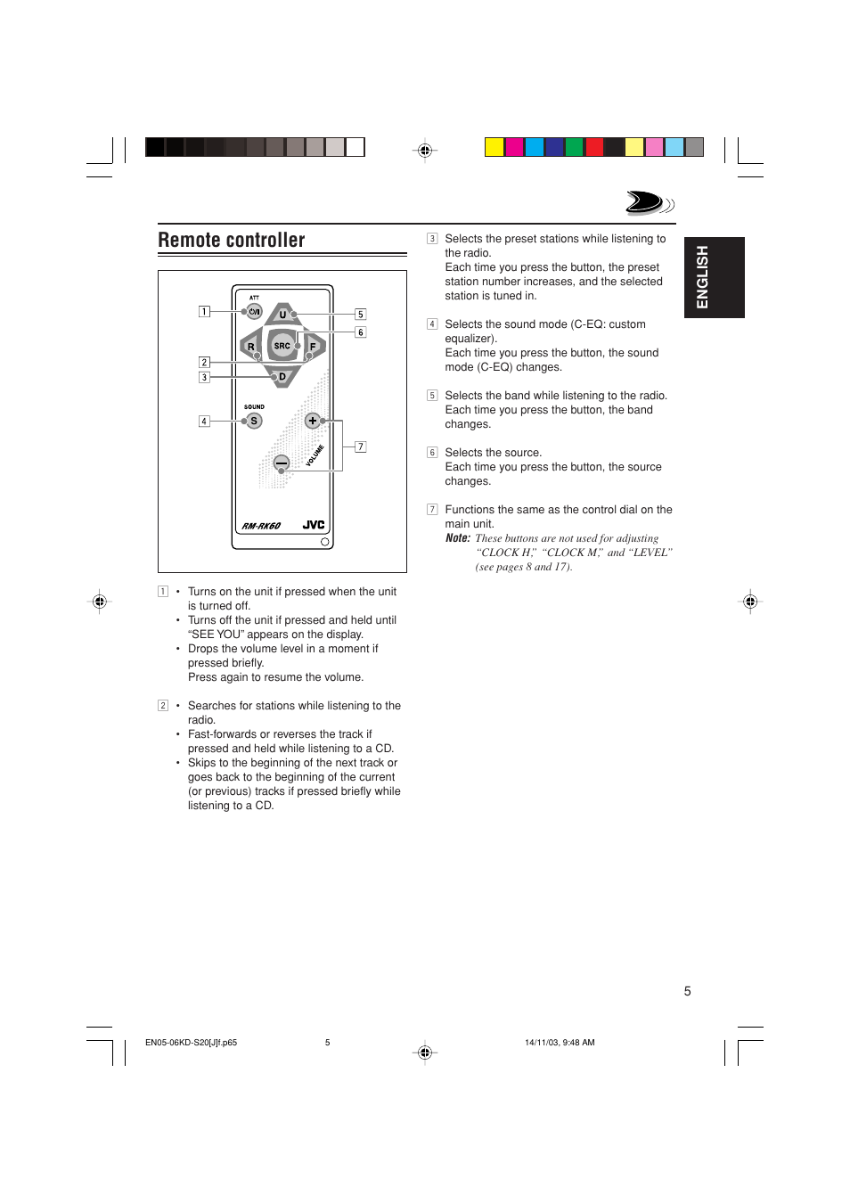 Remote controller, English | JVC KD-S20 User Manual | Page 5 / 62