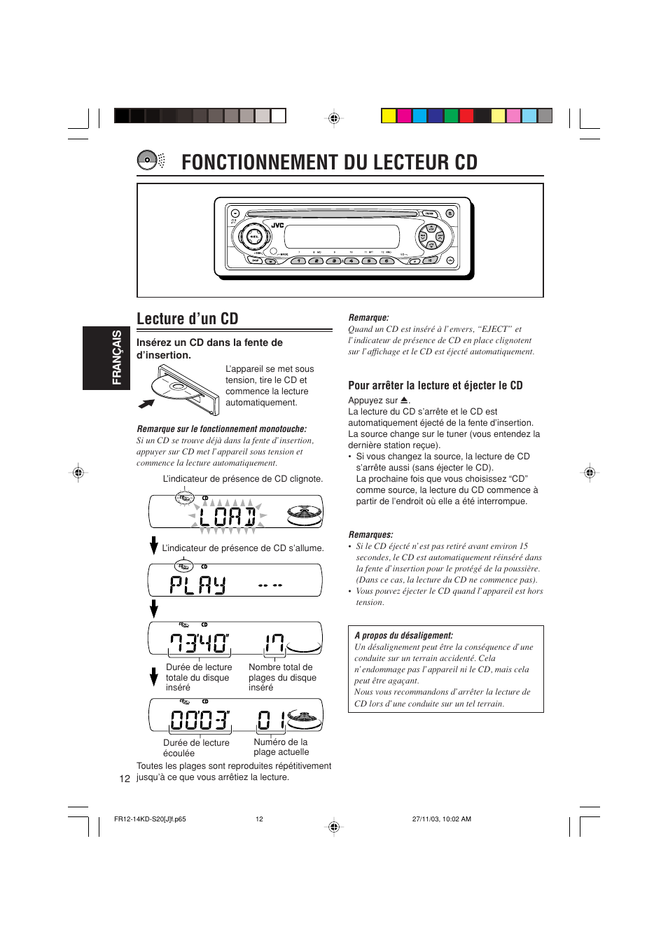 Fonctionnement du lecteur cd, Lecture d’un cd | JVC KD-S20 User Manual | Page 52 / 62