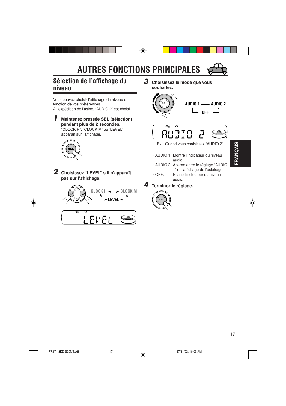 Autres fonctions principales, Sélection de l’affichage du niveau | JVC KD-S20 User Manual | Page 57 / 62