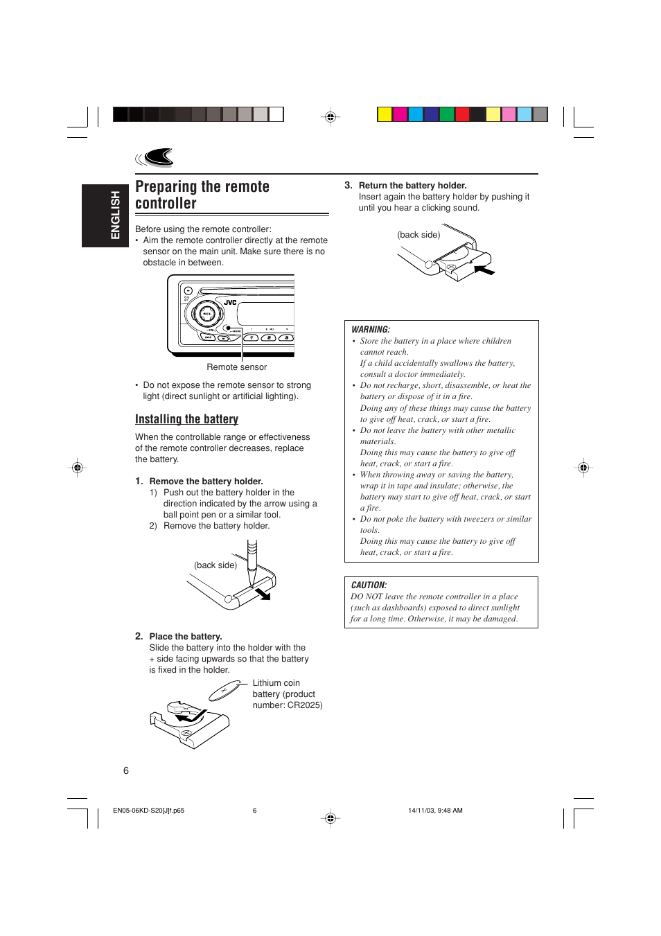 Preparing the remote controller, Installing the battery, English | JVC KD-S20 User Manual | Page 6 / 62