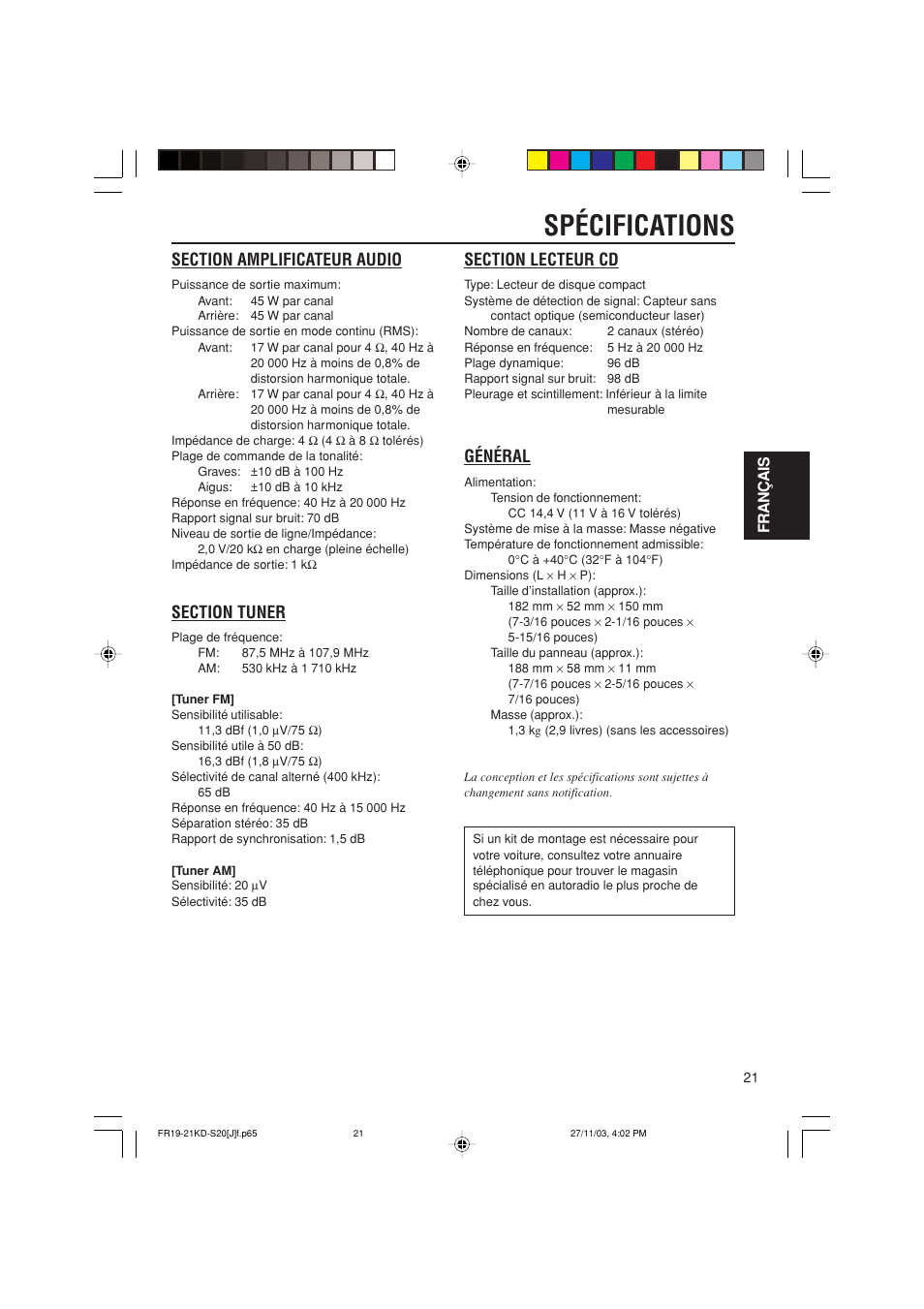 Spécifications, Général, Français | JVC KD-S20 User Manual | Page 61 / 62