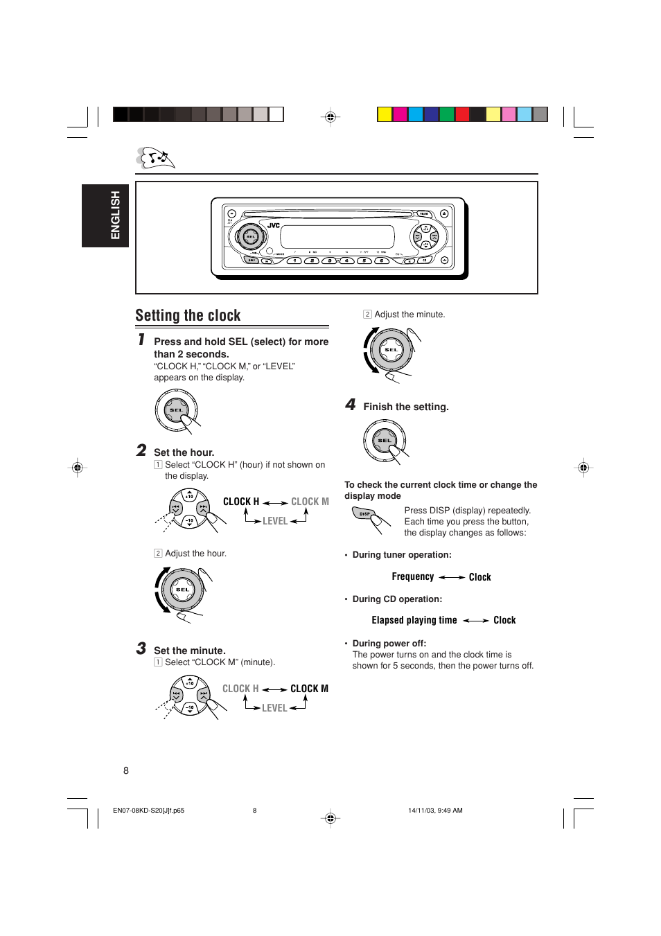 Setting the clock 1 | JVC KD-S20 User Manual | Page 8 / 62