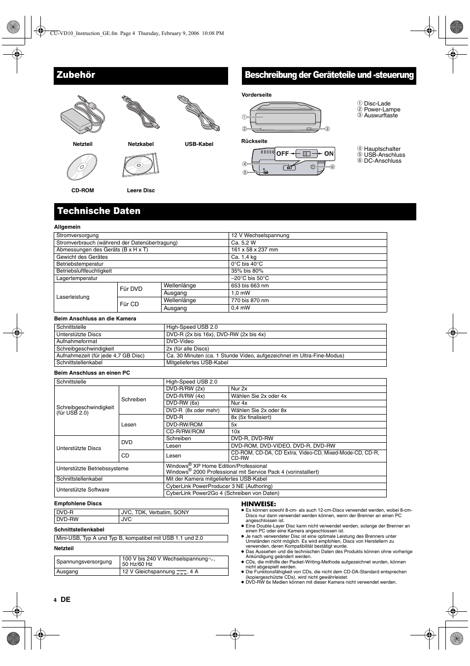 Zubehör, Beschreibung der geräteteile und -steuerung, Technische daten | JVC CU-VD10 User Manual | Page 10 / 112