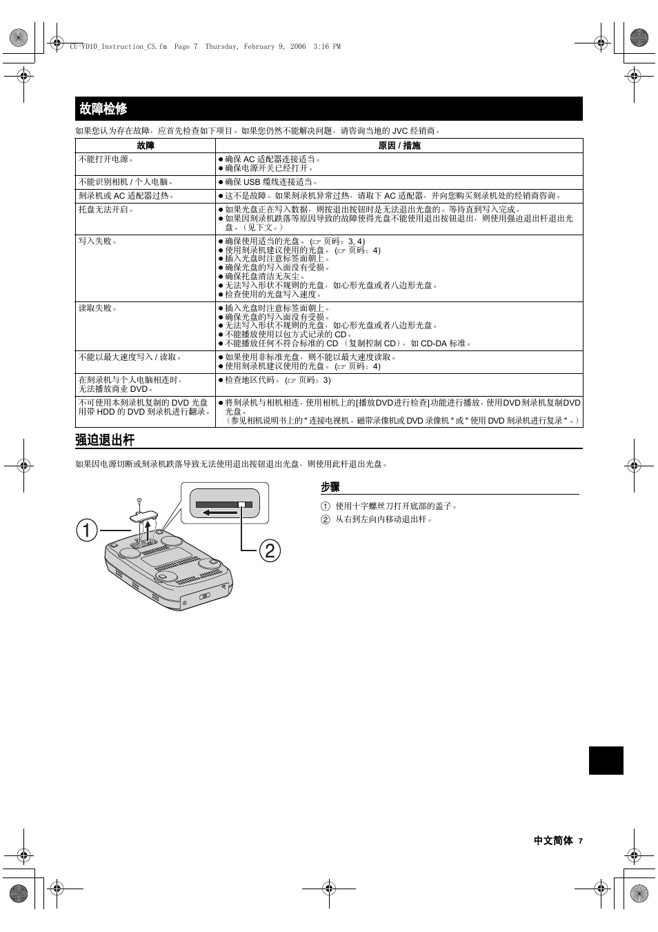 故障检修, 强迫退出杆 | JVC CU-VD10 User Manual | Page 103 / 112