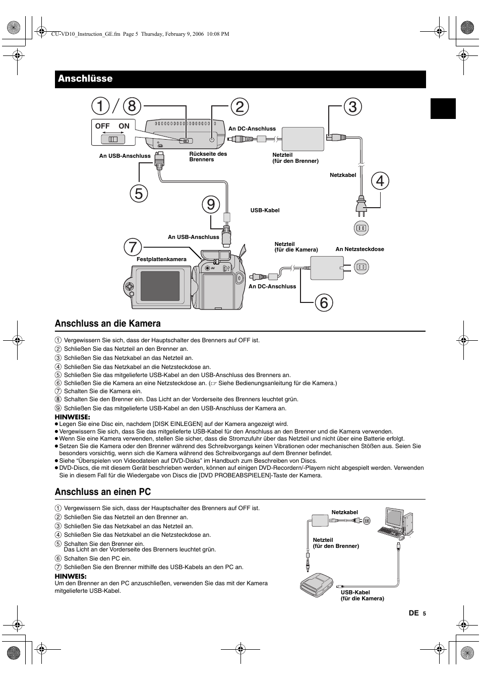 Anschlüsse, Anschluss an die kamera, Anschluss an einen pc | JVC CU-VD10 User Manual | Page 11 / 112