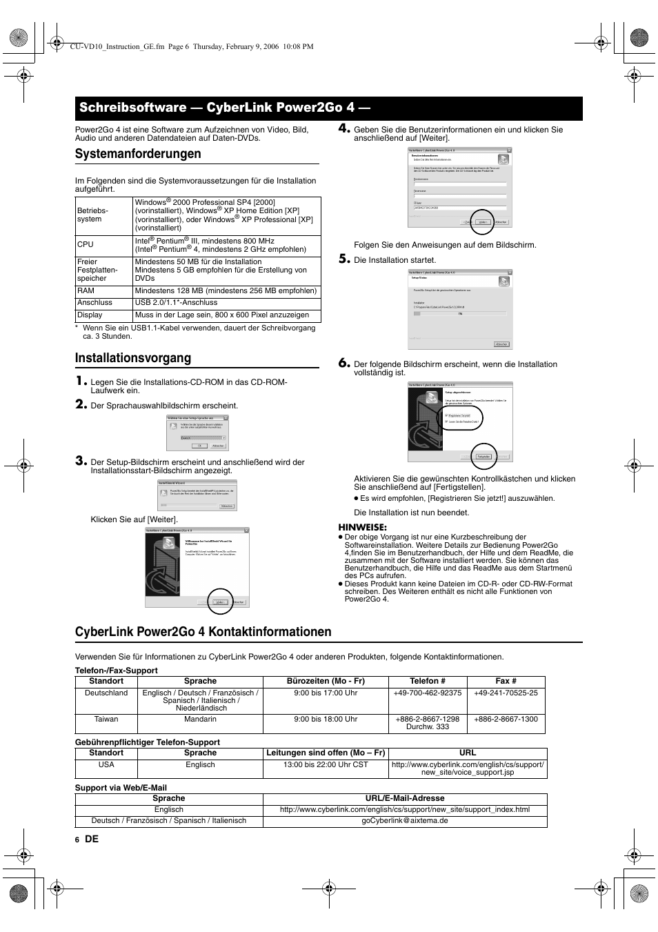 Schreibsoftware - cyberlink power2go 4, Systemanforderungen, Installationsvorgang | Cyberlink power2go 4 kontaktinformationen, Schreibsoftware — cyberlink power2go 4 | JVC CU-VD10 User Manual | Page 12 / 112