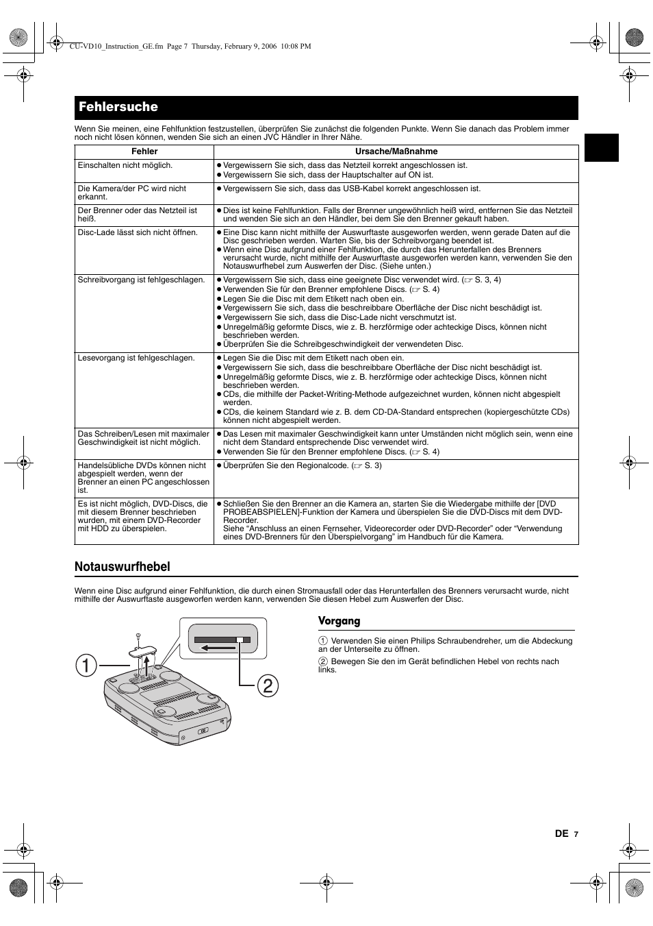 Fehlersuche, Vorgang, Notauswurfhebel | JVC CU-VD10 User Manual | Page 13 / 112