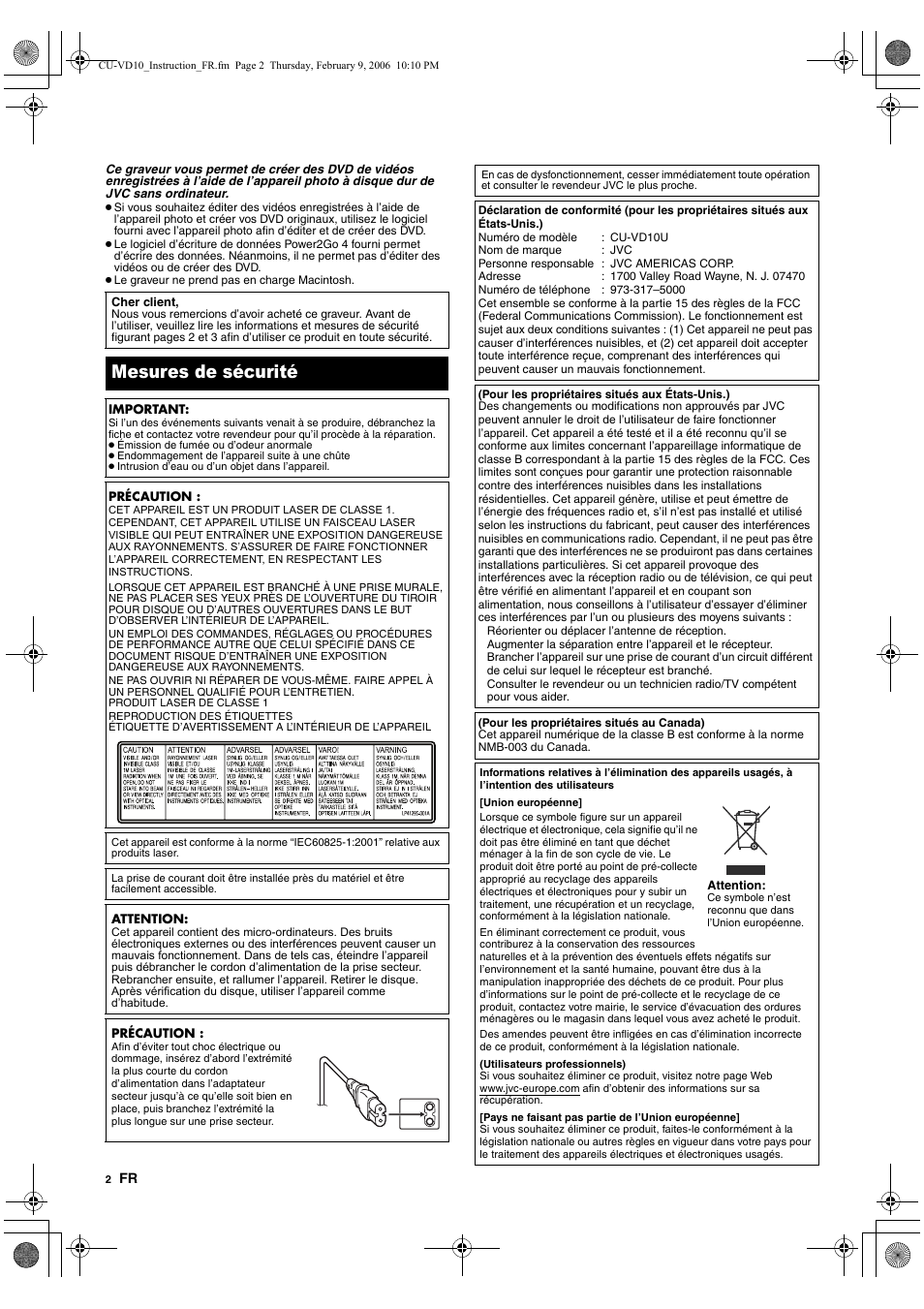 Mesures de sécurité | JVC CU-VD10 User Manual | Page 14 / 112