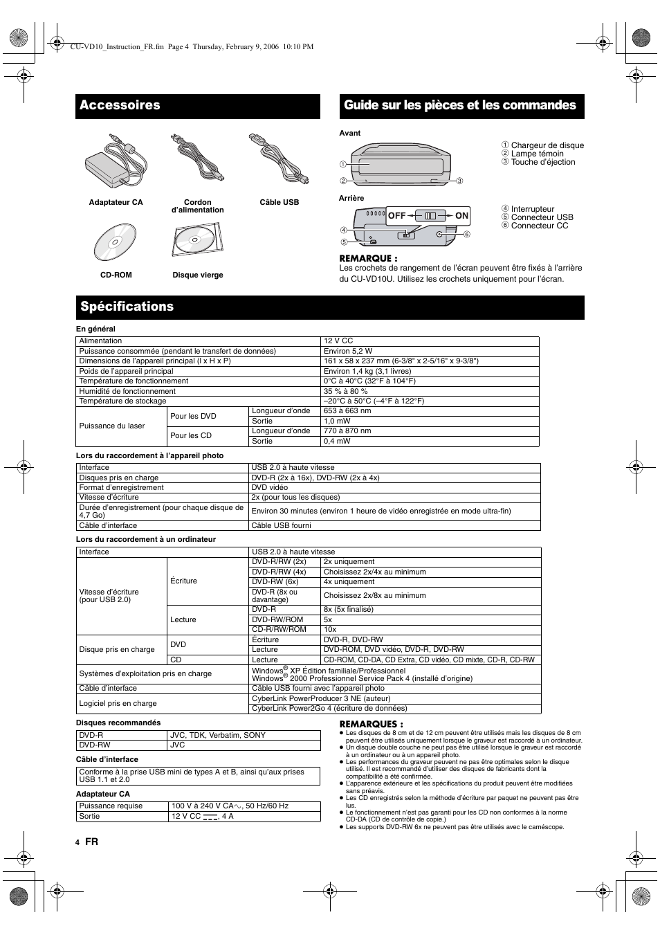 Accessoires, Guide sur les pièces et les commandes, Spécifications | JVC CU-VD10 User Manual | Page 16 / 112