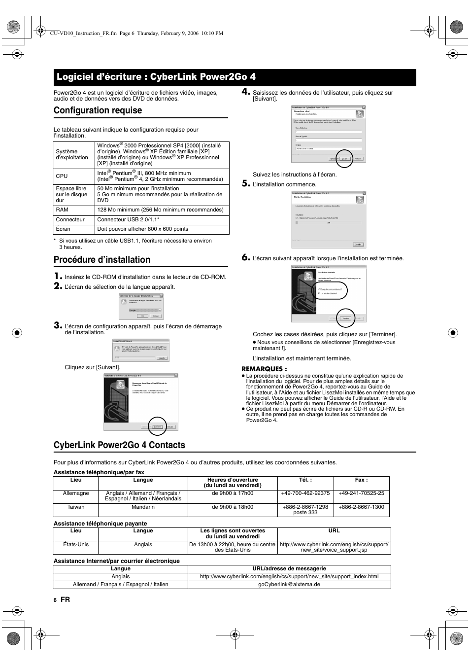Logiciel d’écriture : cyberlink power2go 4, Configuration requise, Procédure d’installation | Cyberlink power2go 4 contacts | JVC CU-VD10 User Manual | Page 18 / 112