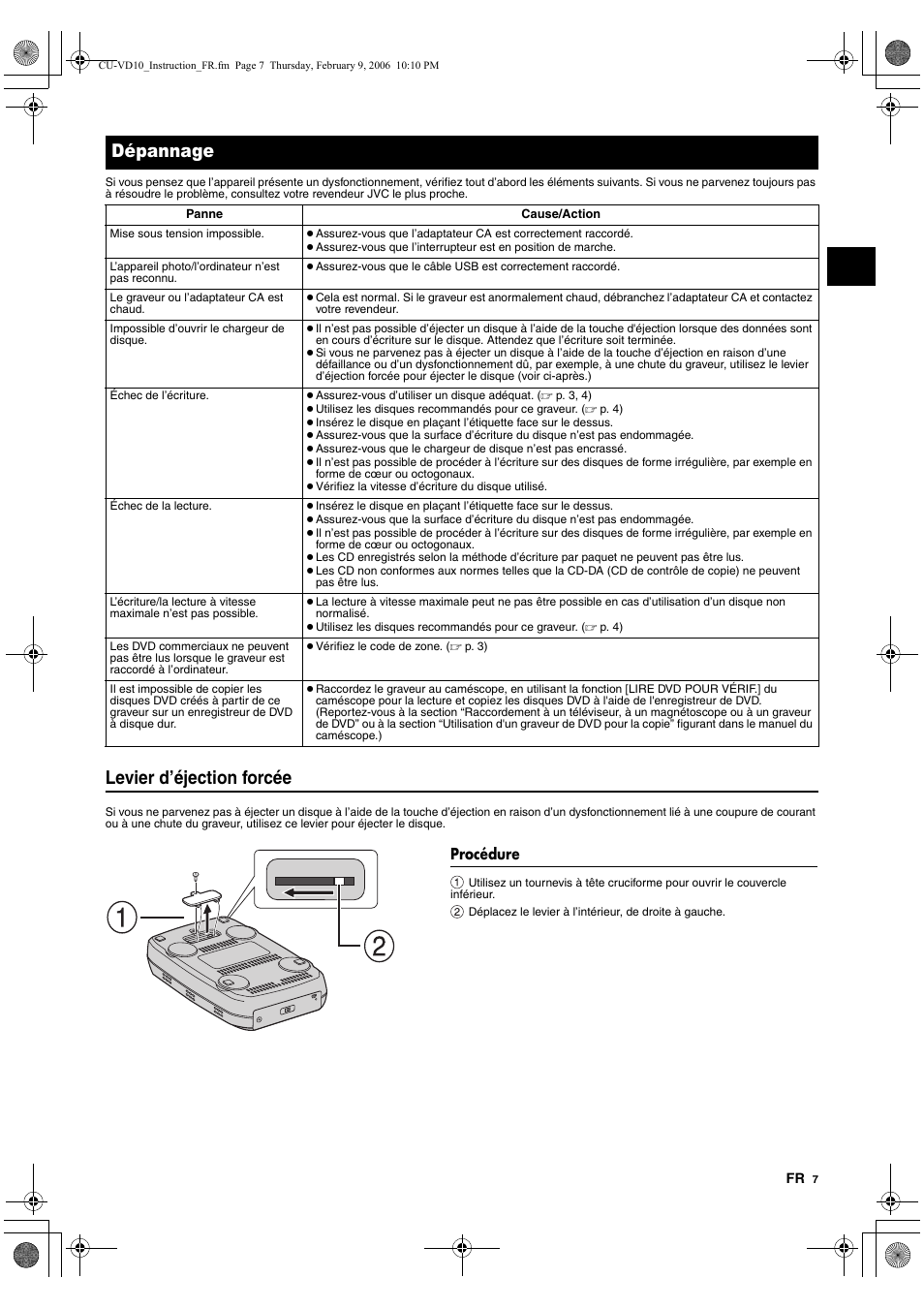 Dépannage, Procédure, Levier d’éjection forcée | JVC CU-VD10 User Manual | Page 19 / 112