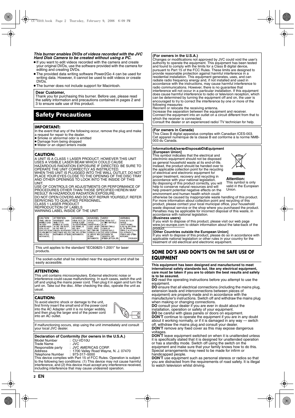 Safety precautions, Some do’s and don’ts on the safe use of equipment | JVC CU-VD10 User Manual | Page 2 / 112