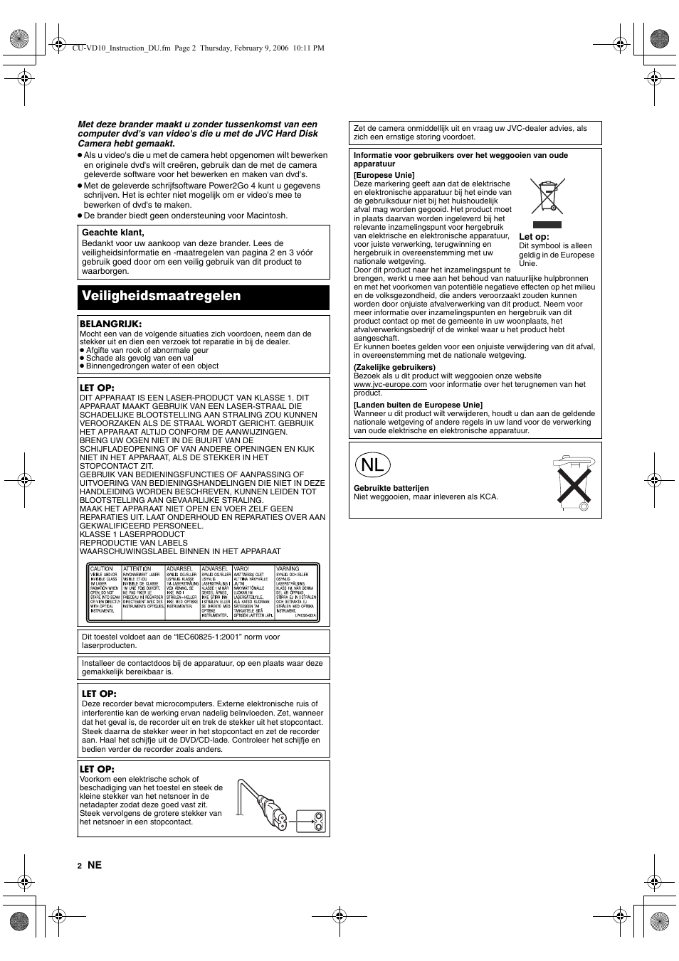 Veiligheidsmaatregelen | JVC CU-VD10 User Manual | Page 20 / 112