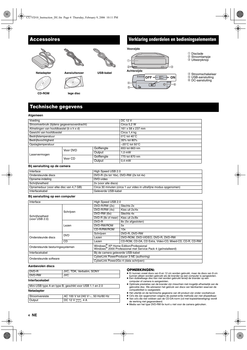 Accessoires, Verklaring onderdelen en bedieningselementen, Technische gegevens | JVC CU-VD10 User Manual | Page 22 / 112