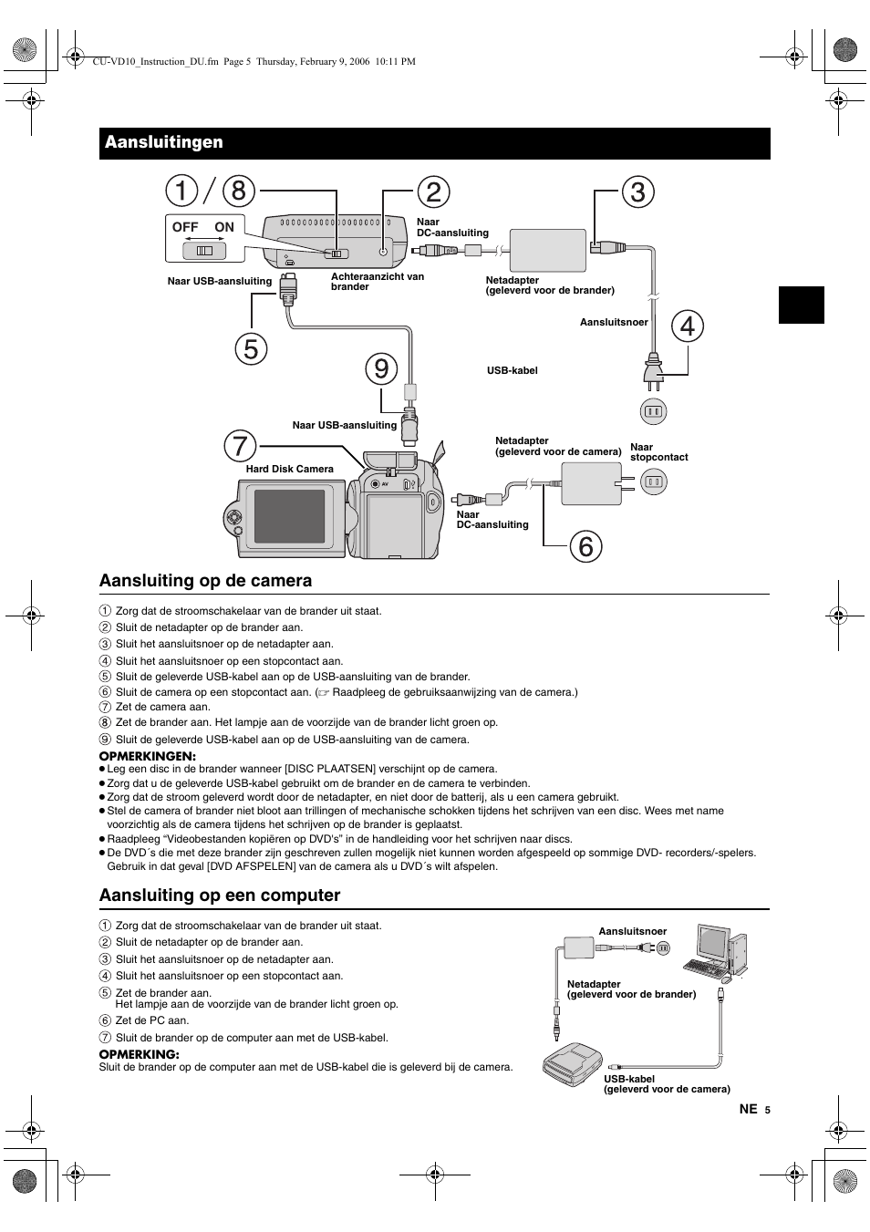 Aansluitingen, Aansluiting op de camera, Aansluiting op een computer | JVC CU-VD10 User Manual | Page 23 / 112